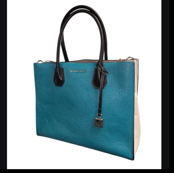 Michael Kors Handbags - Michael Kors Large Mercer Teal Blue, Black, White Crossbody Leather Tote